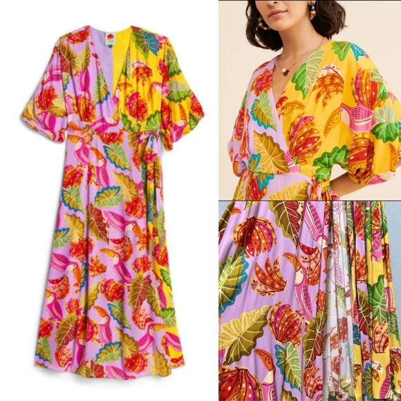 Farm Rio Anthropologie Beaks and Bananas lilac maxi wrap dress size S - Picture 7 of 14